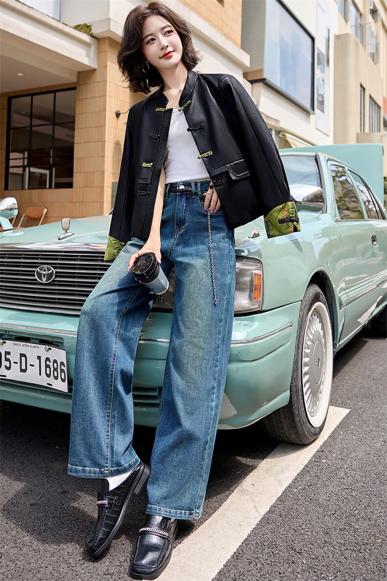 海宁盘扣皮衣外套女2025春季新款复古高级感气质短款黑色上衣服,女装皮衣,江南女神