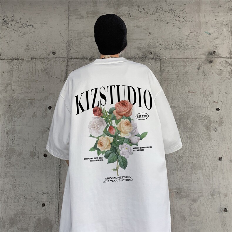 eq245高街短袖男夏季玫瑰印花暗黑美式T恤宽松2024新款,男装T恤,电商C306-1