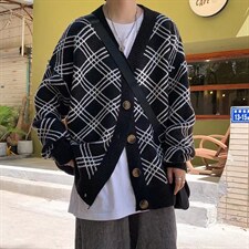 美式复古格纹开衫毛衣男秋季潮牌日系慵懒风宽松情侣款针织衫上衣，男装针织衫/毛衣，星座1116-2
