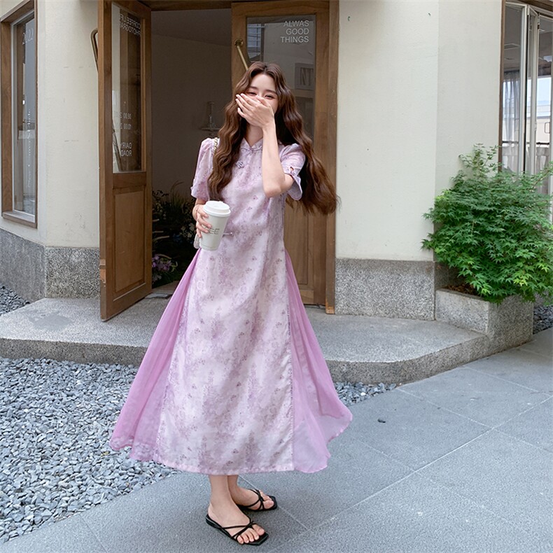 紫粉色碎花新中式国风连衣裙女夏2025新款超火巨好看改良款旗袍,女装连衣裙,欧黛芙妮