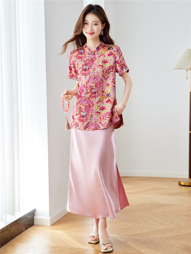 杭州真丝香云纱新中式女短袖上衣复古桑蚕丝醋酸半身裙,女装衬衫,新依时派