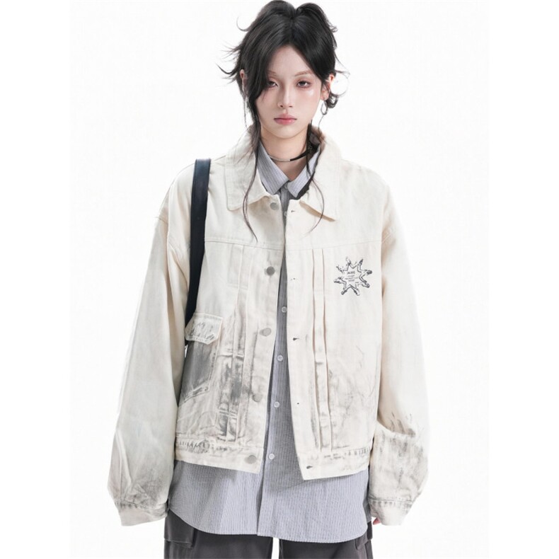 JK8971-P68秋季新款美式做旧脏染复古翻领牛仔夹克印花宽松潮流,男装T恤,电商B323A