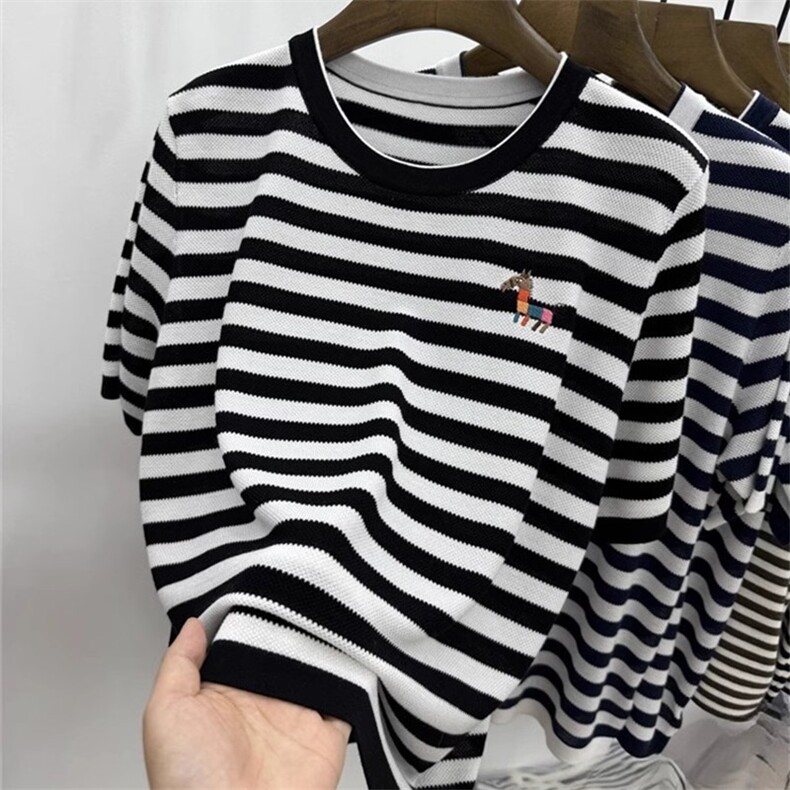 2024新款彩色刺绣小马条纹短袖宽松休闲，女装羊毛衫，珍珑羊绒