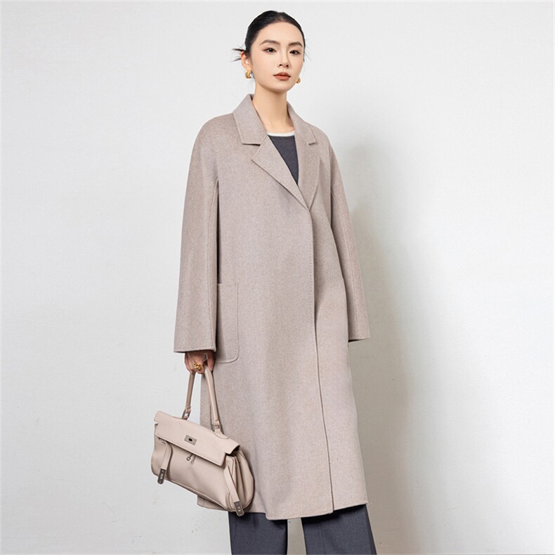 2025秋冬百搭时尚简约翻领长袖系绳羊绒大衣，女装羊绒大衣，黛娇羊绒