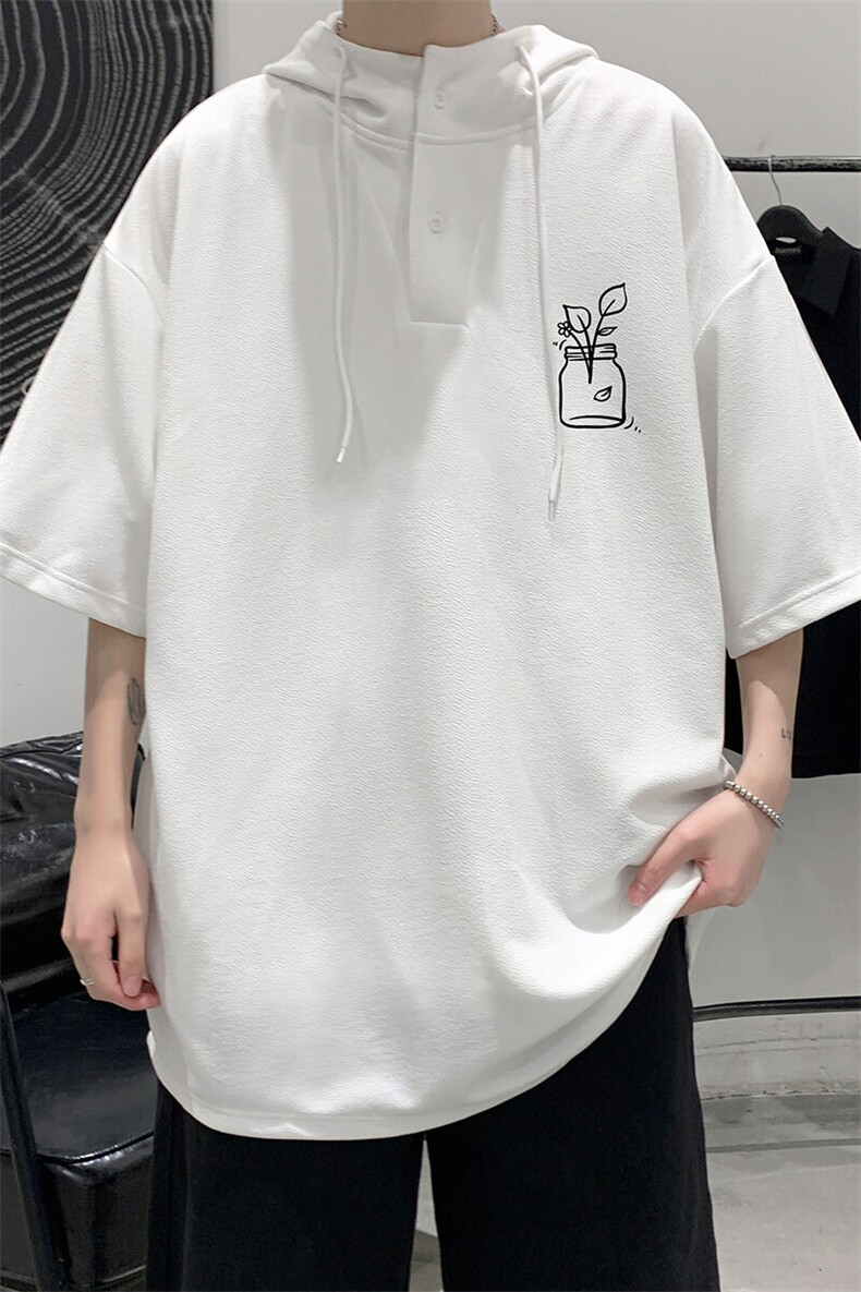 LD5430-P45连帽短袖t恤男大码胖子带帽五分袖中袖,男装T恤,电商A040