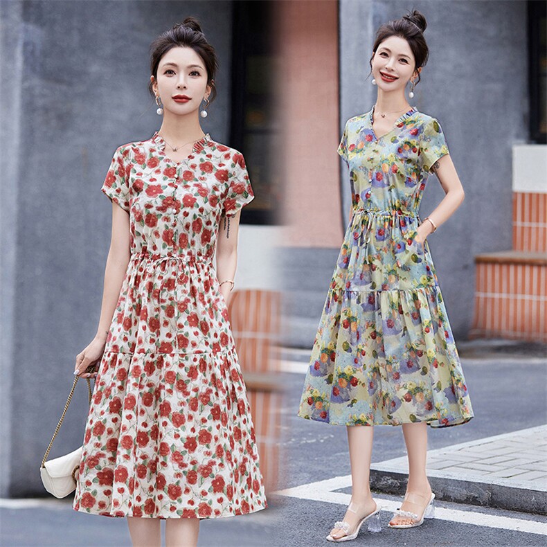 红色碎花短袖连衣裙女夏2024新款减龄木耳边领收腰显瘦纯棉a字裙,女装连衣裙,鑫思依格