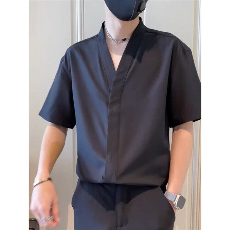 V领禁欲短袖衬衫男款夏季新款垂感衬衣韩版轻熟风男装气质上衣,男装衬衫,星座506A