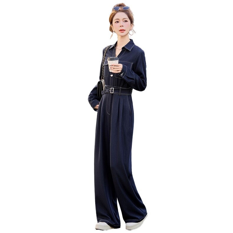 （新款现货）2026春装时尚高级显瘦天丝牛仔V领腰带阔腿连体裤,女装连体裤,印象茜