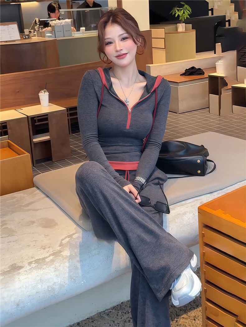 慵懒风一整套穿搭女春季时尚休闲撞色拼接长袖上衣阔腿长裤两件套,女装套装/套裙,江南