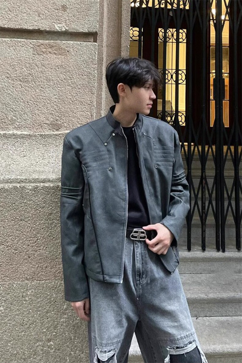 美式复古做旧高街垫肩pu皮衣外套街头机车服立领夹克JKT88特P83,男装夹克,星座908-1