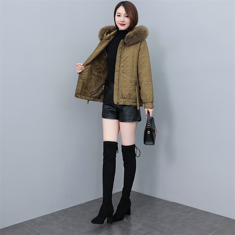 2022冬季新款提花连帽毛领可脱卸休闲派克服棉衣棉服,女装派克服,奕薇雅