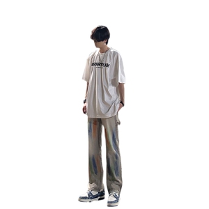 新款美式高街大码破洞涂鸦黄泥色牛仔工装裤货号K641P60图片