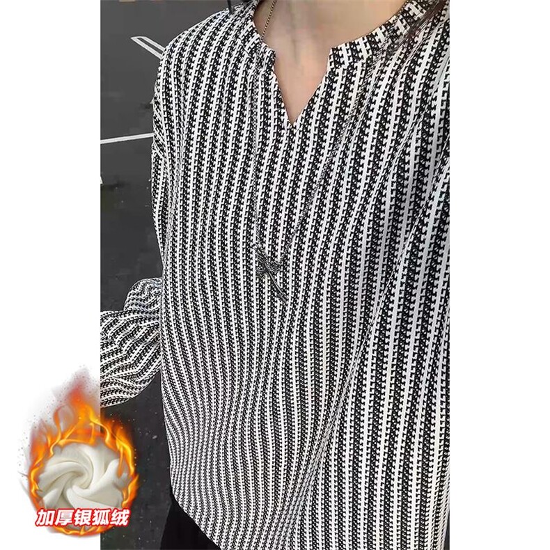 雪尼尔450g重磅鱼骨纹V领加厚银狐绒T恤男T24536J加绒-特P30控58,男装T恤,电商A001-1