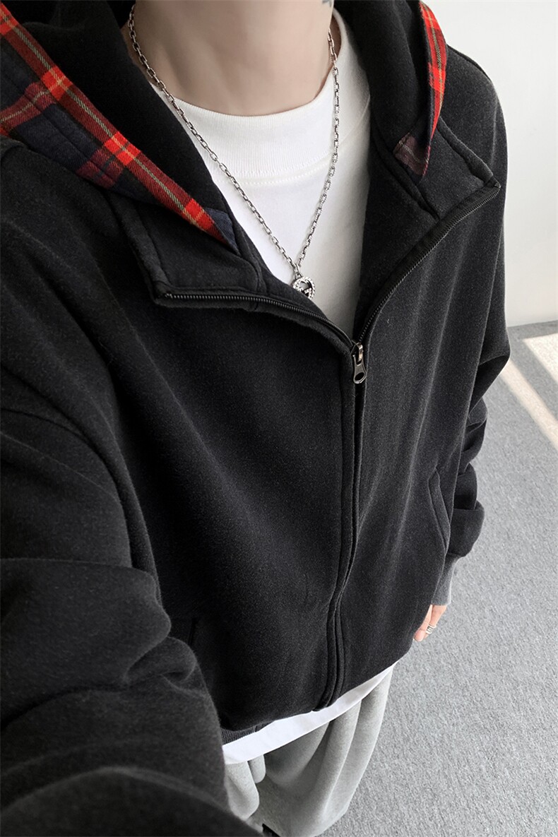 美式做旧假两件连帽卫衣男秋季潮牌拉链拼接格子开衫外套WY20P78,女装短外套,电商D206-1