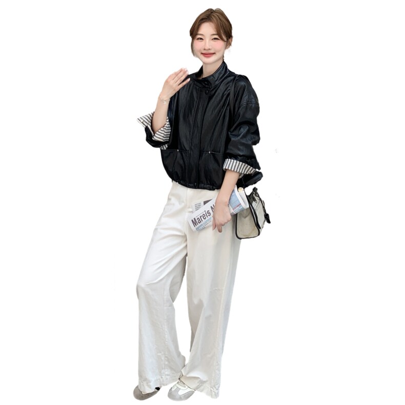 减龄条纹拼接短皮衣外套女春秋2025新款小个子流行爆款独特超好看,女装皮衣,2D013