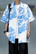8XL-M天丝亚麻清爽晕染古巴领短袖衬衫男半截袖冰丝衬衣CS525P58，男装T恤，电商D206-1
