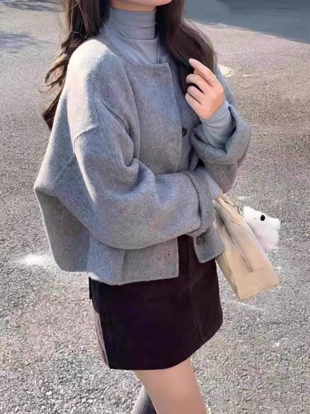 高品质韩系圆领单排扣短款双面羊绒大衣外套,女装羊绒大衣,依嘟服饰