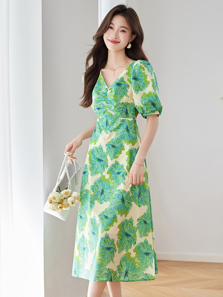 纯棉印花连衣裙女夏2025新款高级感法式v领气质甜美收腰露背长裙,女装连衣裙,美沁
