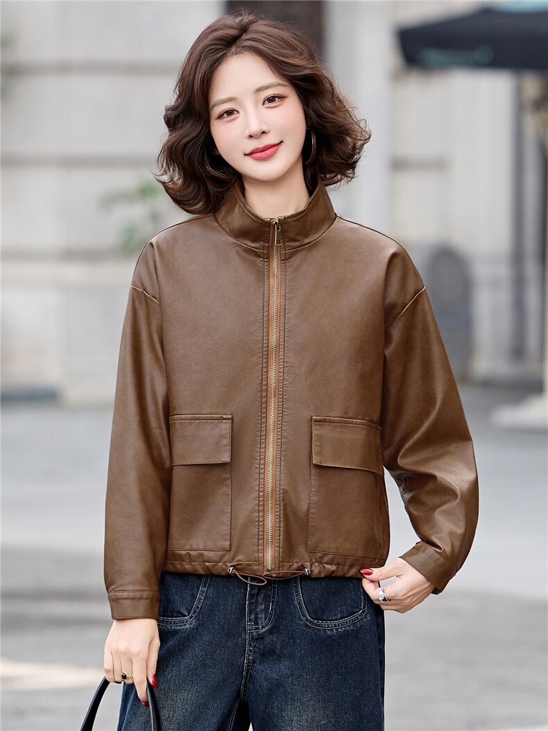 2026年春季新款现货潮流皮衣休闲外套气质时尚立领女装,女装皮衣,臻衣坊