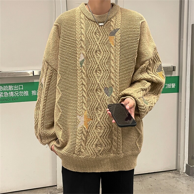 M8175/P70冬季麻花刺绣针织衫宽松潮牌圆领慵懒温柔粗针织衫毛衣,男装针织衫/毛衣,电商A141