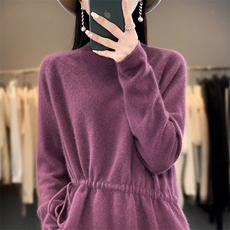 半高领中长款100%纯羊毛衫女秋冬新款抽绳针织毛衣宽松羊绒打底衫，女装羊毛衫，琳尚羊绒