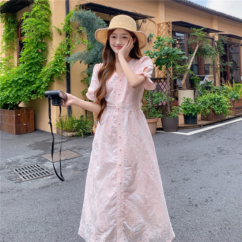 法式温柔风甜美重工刺绣后腰松紧花边连衣裙女182-8709P145K198图片