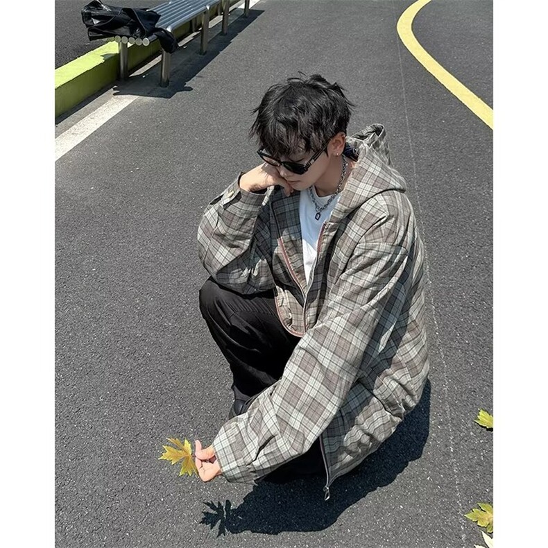 格子连帽衬衫男款初秋防晒衬衣格子双层连帽夹克图休闲外套CK2,男装防晒衣,星座1116A-1（原606A）