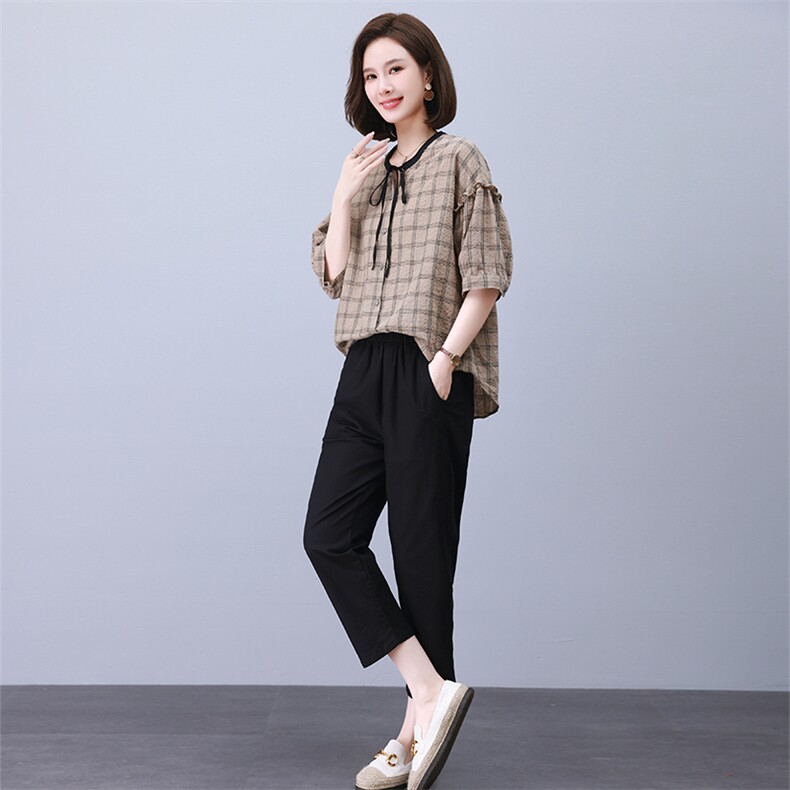 时尚休闲格子拼接套装女宽松显瘦抽绳设计两件套,女装套装/套裙,叶笙衣