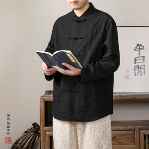 秋装新款风男装棉麻提花立领复古新中式唐装衬衣C228P85图片