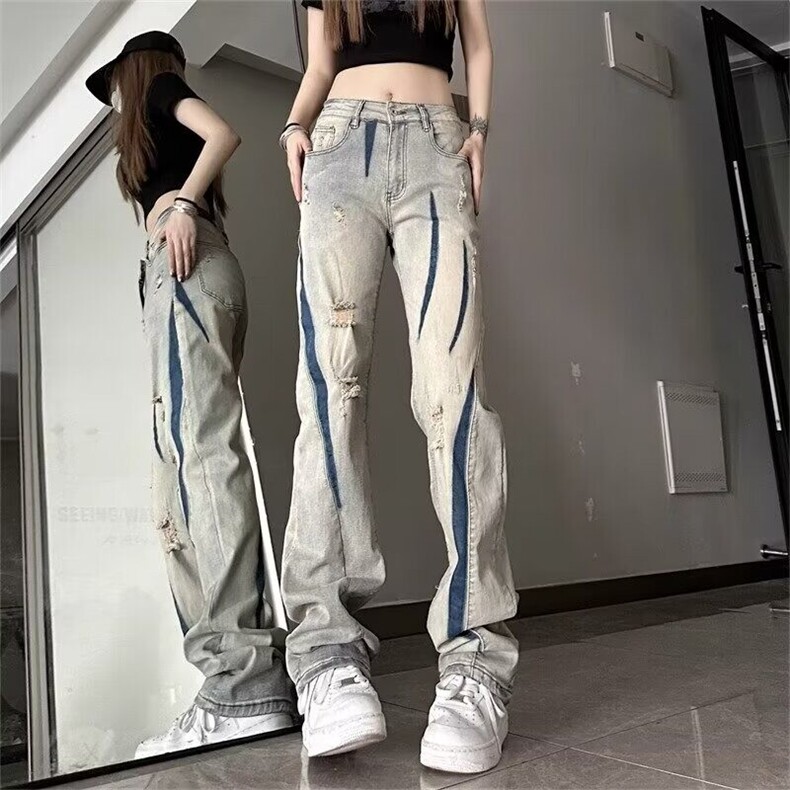 欧美vibe风高街破洞补丁拼接牛仔裤男女春秋季新款青少年炸街裤子图片