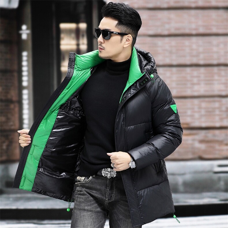 主推90%白鸭绒中年羽绒服外套男长款连帽青年亮面羽绒服外套大衣,男装羽绒服,钱塘723