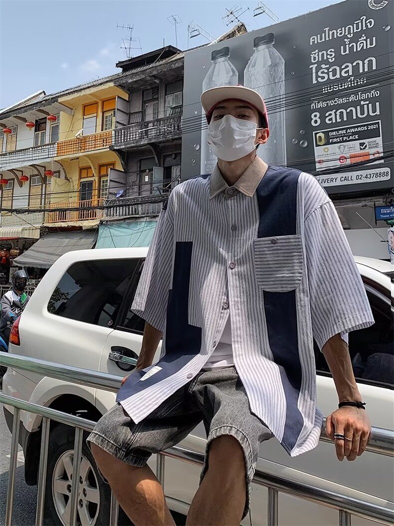 潮牌条纹短袖衬衫男夏季美式复古oversize学院风宽松休闲上衣HC10,男装衬衫,星座601-2