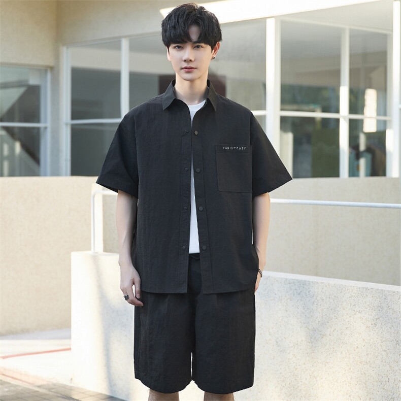 夏季套装男高级感短袖短裤休闲宽松上衣薄男士衬衫外套Y2502-60图片