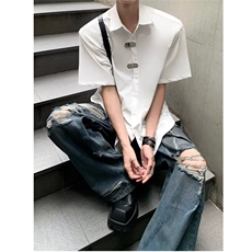 黑色小众金属扣垫肩设计感短袖T恤男夏轻熟风简约高级开衫白衬衫，男装衬衫，星座506A