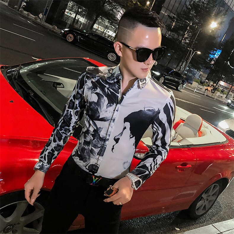 2021春秋衬衫社会男长袖上衣印花男装韩版修身四季潮流衬衣Q864-P55图片