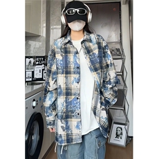 加厚泼墨扎染时尚格子男士长袖衬衫情侣休闲衬衣外套CS908-特P48，男装衬衫，电商A006