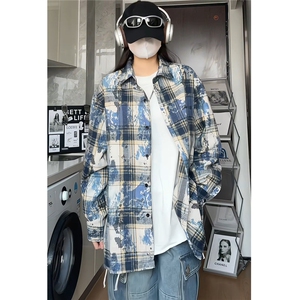 加厚泼墨扎染时尚格子男士长袖衬衫情侣休闲衬衣外套 CS908-特P48图片