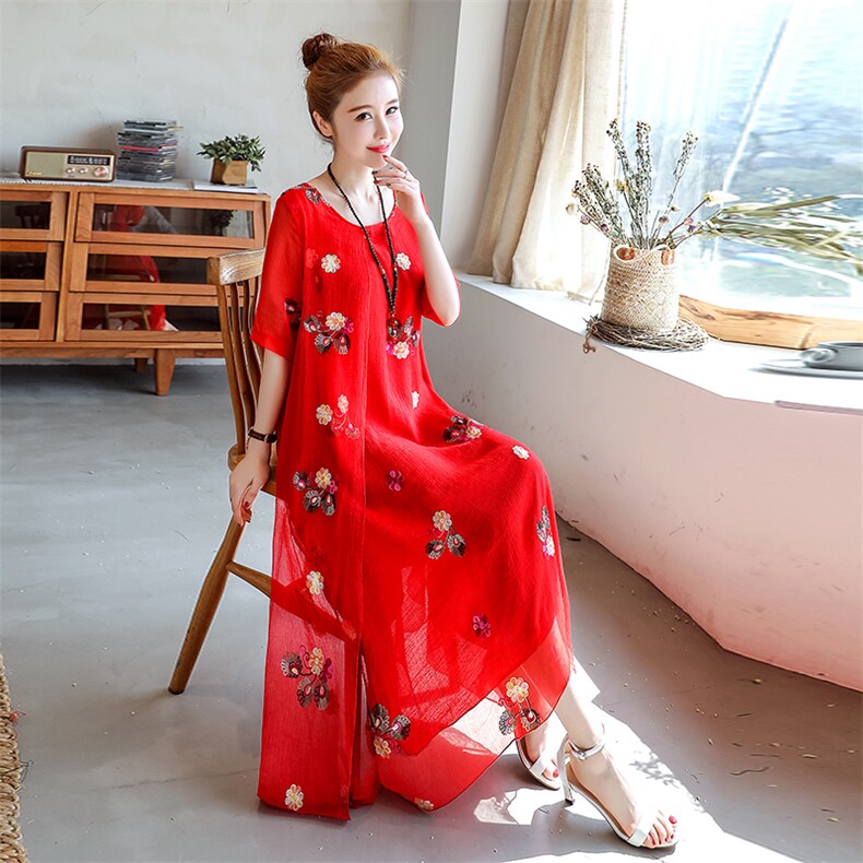 舒适纯色2022年夏季时尚印花简约百搭个性五分袖中长款,女装连衣裙,韩宇舍