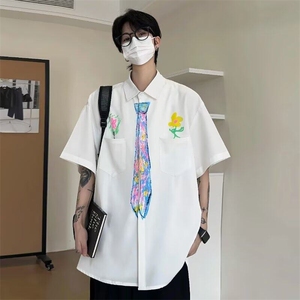 网图现货美式宽松手绘涂鸦学院风短袖衬衫CS553/P32
