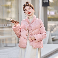 新中式guo风2025年冬季新款拼环保毛暗纹提花高级感小花扣棉衣，女装棉衣/棉服，乐吉娜