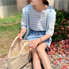 夏季新款简约条纹短袖针织衫女宽松休闲上衣，女装针织衫/毛衣，伟祺羊绒