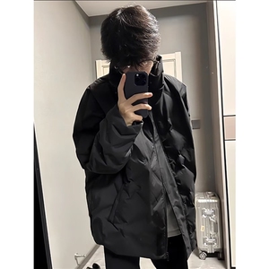 黑色褶皱菱形格棉服男款cleanfit美式面包服高街立领纯色外套