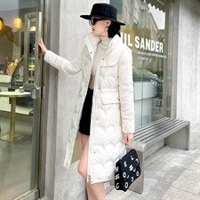 现货2023年冬季新款小香风中长款百搭时尚抽绳羽绒90白鸭绒羽绒服图片