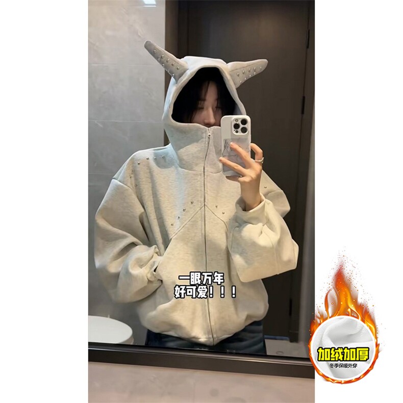 480G重磅加绒硬挺boxy男女美式高街卫衣铆钉杜宾犬耳朵开衫厚外套，女装短外套，电商A486-1