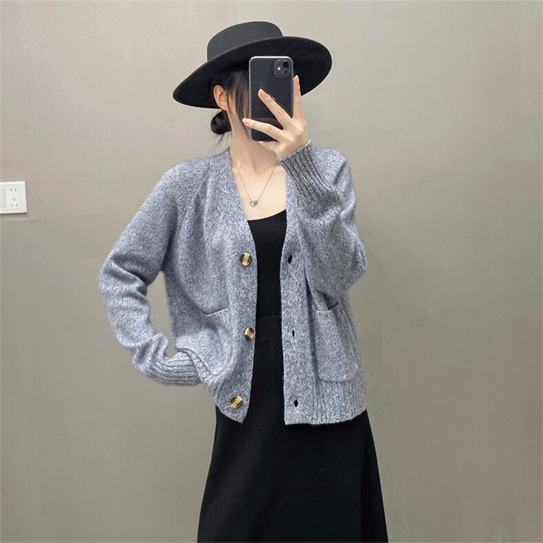 欧货秋冬康赛花纱软糯纯山羊绒开衫女毛衣V领加厚宽松针织外套，女装羊绒衫，织绒羊