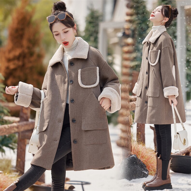 毛呢羽绒服外套女2025冬新款羊羔毛拼接翻领保暖白鸭绒内胆呢大衣,女装毛呢外套,水衣源