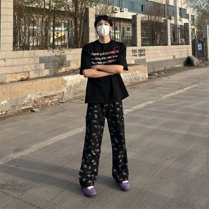 美式风泼墨印花直筒牛仔裤男高街潮流休闲垂感百搭阔腿裤 NK7117图片