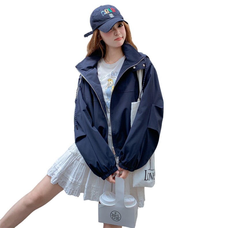 藏青色甜酷减龄设计感连帽冲锋衣夹克外套女2025秋季新款又酷又飒,女装短外套,1D103