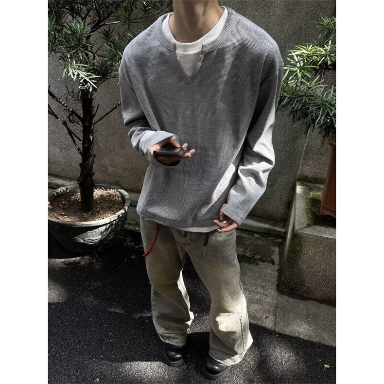 DK708-P40简约假两件拼接长袖男女设计感宽松情侣上衣-网图现货,男装卫衣,星座603-2