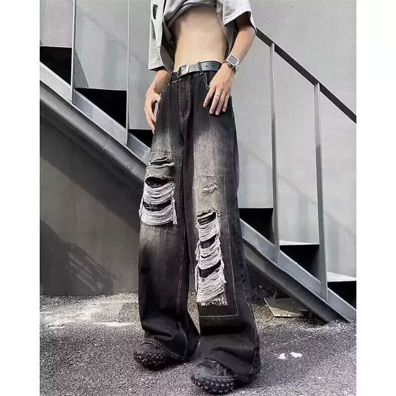 美式小众复古高街设计破洞牛仔裤男女秋季拖地裤N09-P45,男装牛仔裤,星座208-5